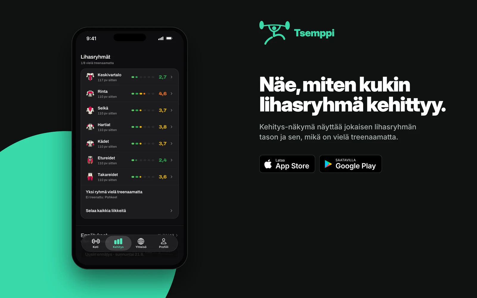 Tsempin Kehitys-näkymä, jossa seitsemän lihasryhmää on listattu tasolukuineen ja ilmoitus, että pohkeet ovat vielä treenaamatta