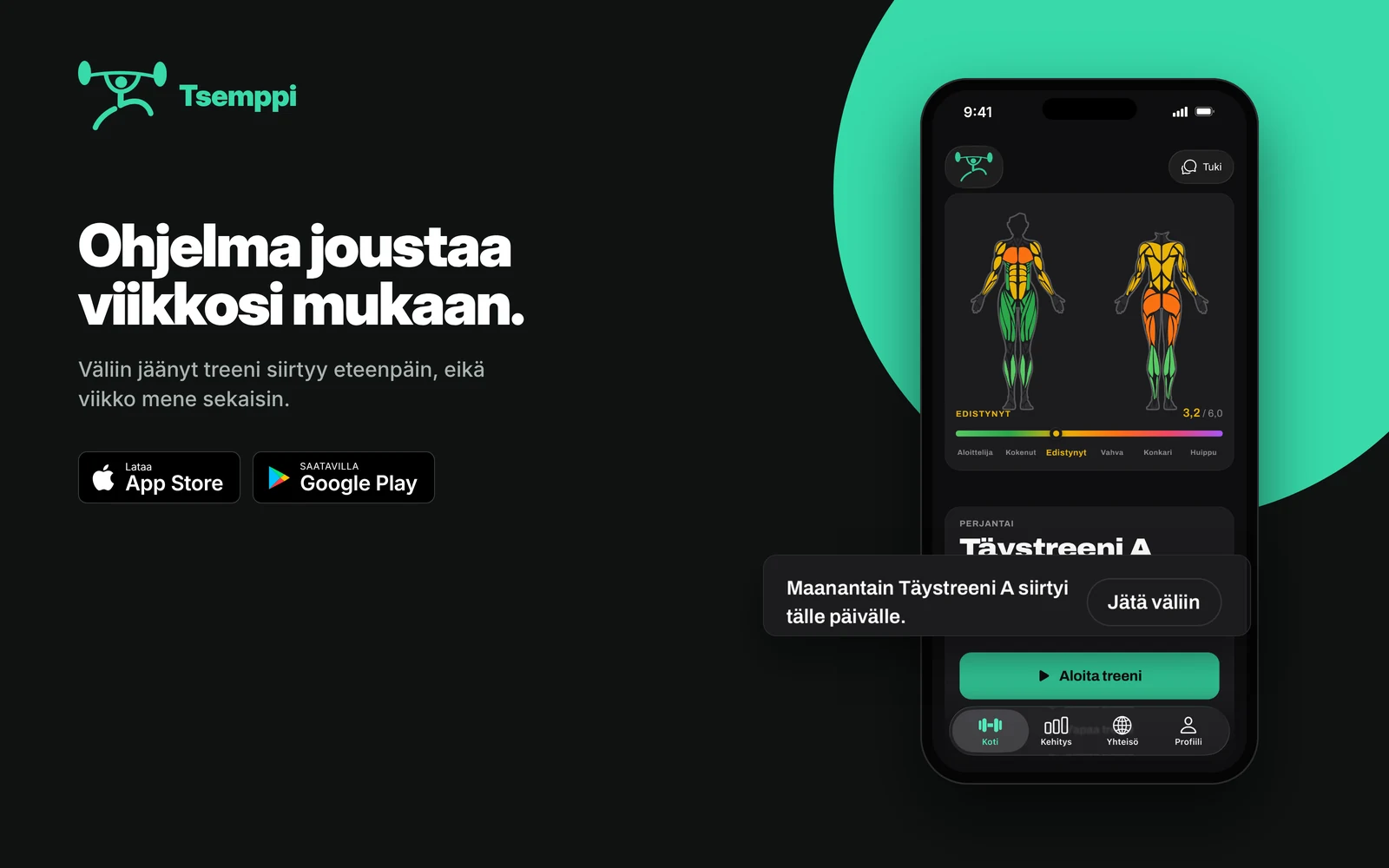 Puhelimessa Tsempin kotinäkymä, jossa on lihaskartta ja perjantain Täystreeni A, sekä nostettu ilmoitus: Maanantain Täystreeni A siirtyi tälle päivälle